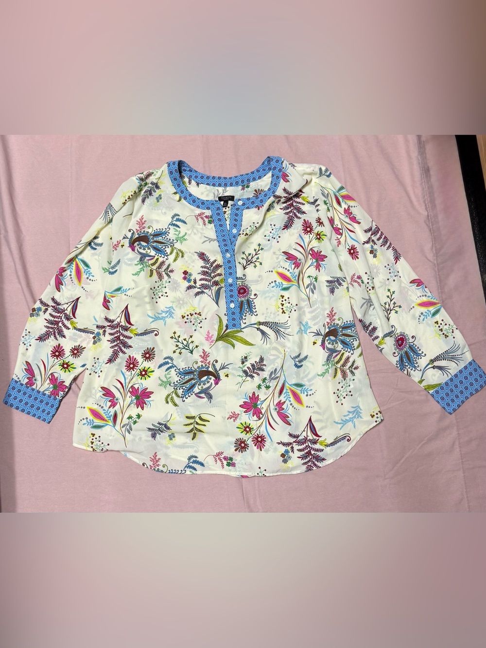 Talbots Cream Floral Paisley Tunic with Blue Trim